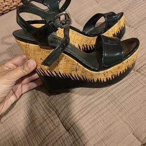Stuart Weitzman Black Patent Cork Wedge Platform Sandal Shoes SZ 8.5